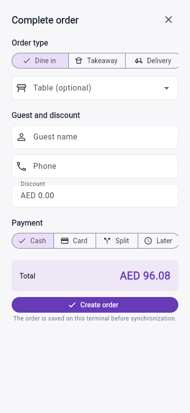 Poslyt mobile checkout with order type, guest, discount, and payment choices