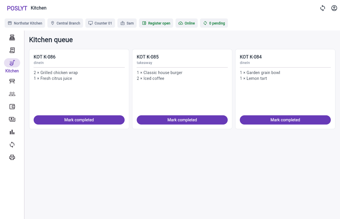 Poslyt kitchen queue with three active KOT tickets