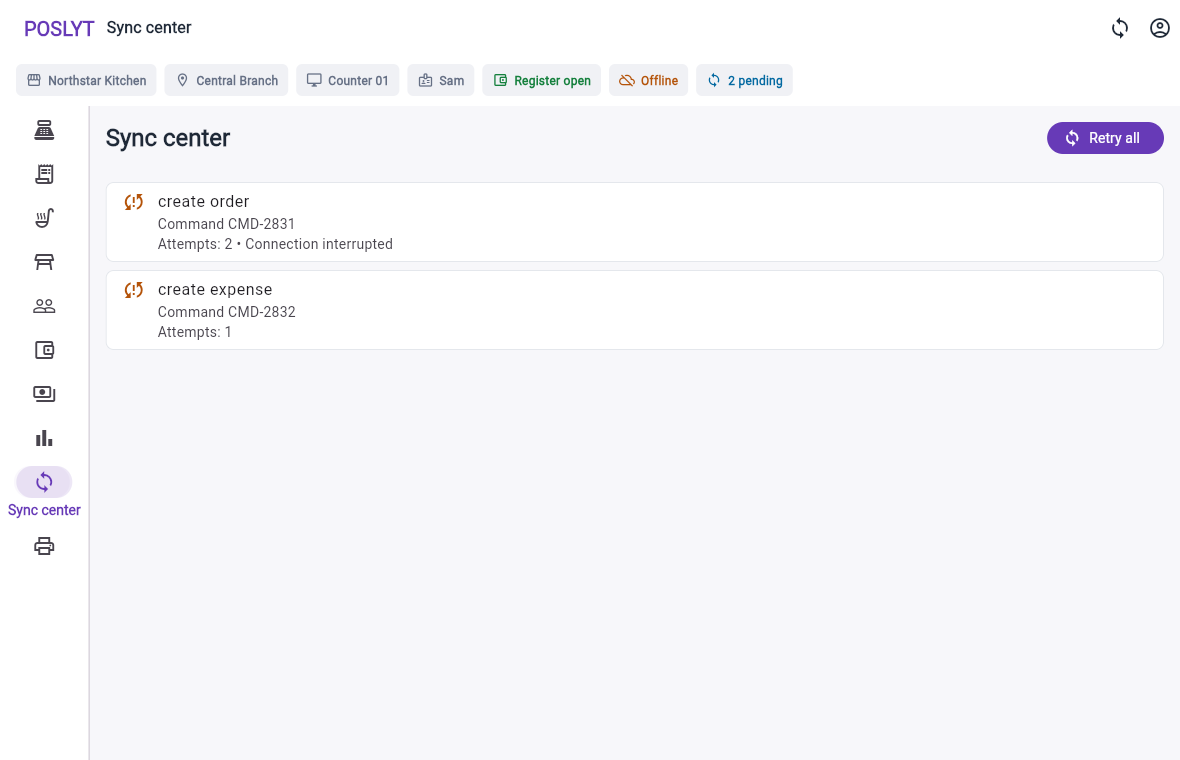 Poslyt sync recovery showing two pending offline commands